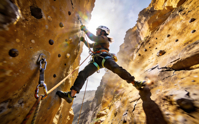攀岩运动员在陡峭岩壁上使用专业攀岩安全装备挑战极限的场景
