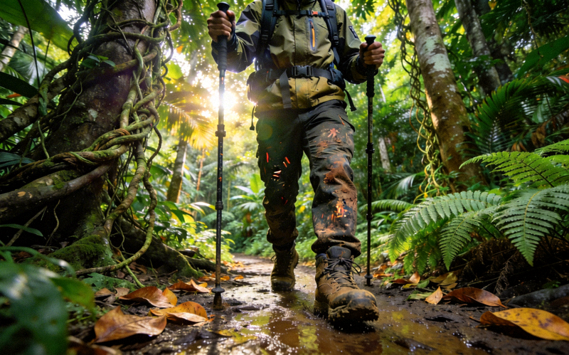 徒步爱好者穿越茂密热带雨林使用防刮耐磨装备的场景