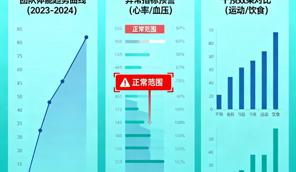 企业员工健康管理数据仪表盘截图，展示团队体能趋势曲线、异常指标预警和干预效果对比图表