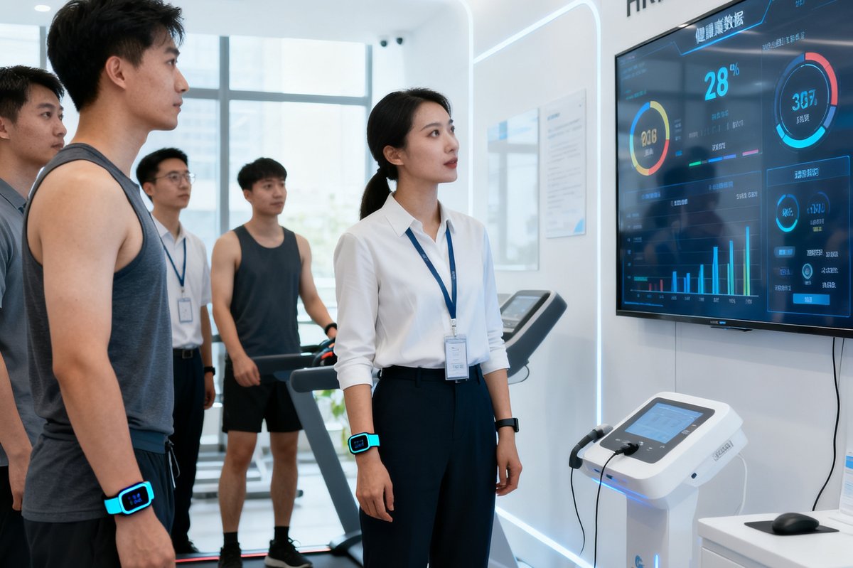 企业员工在专业体适能测试区进行心肺功能检测，佩戴智能手环的HR经理正在查看团队健康数据面板